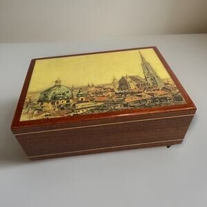 Vintage Austrian Wood Music Jewelry Box Vienna Panorama Blue Danube Reuge?